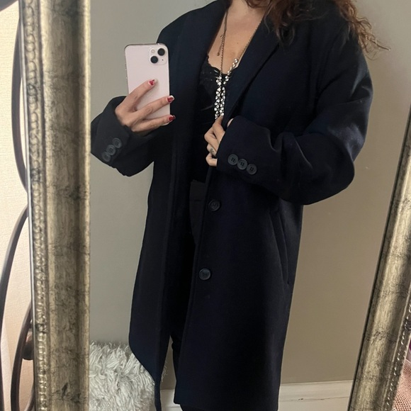 Men’s Topman dark blue wool coat size large unisex women women’s - Picture 3 of 15